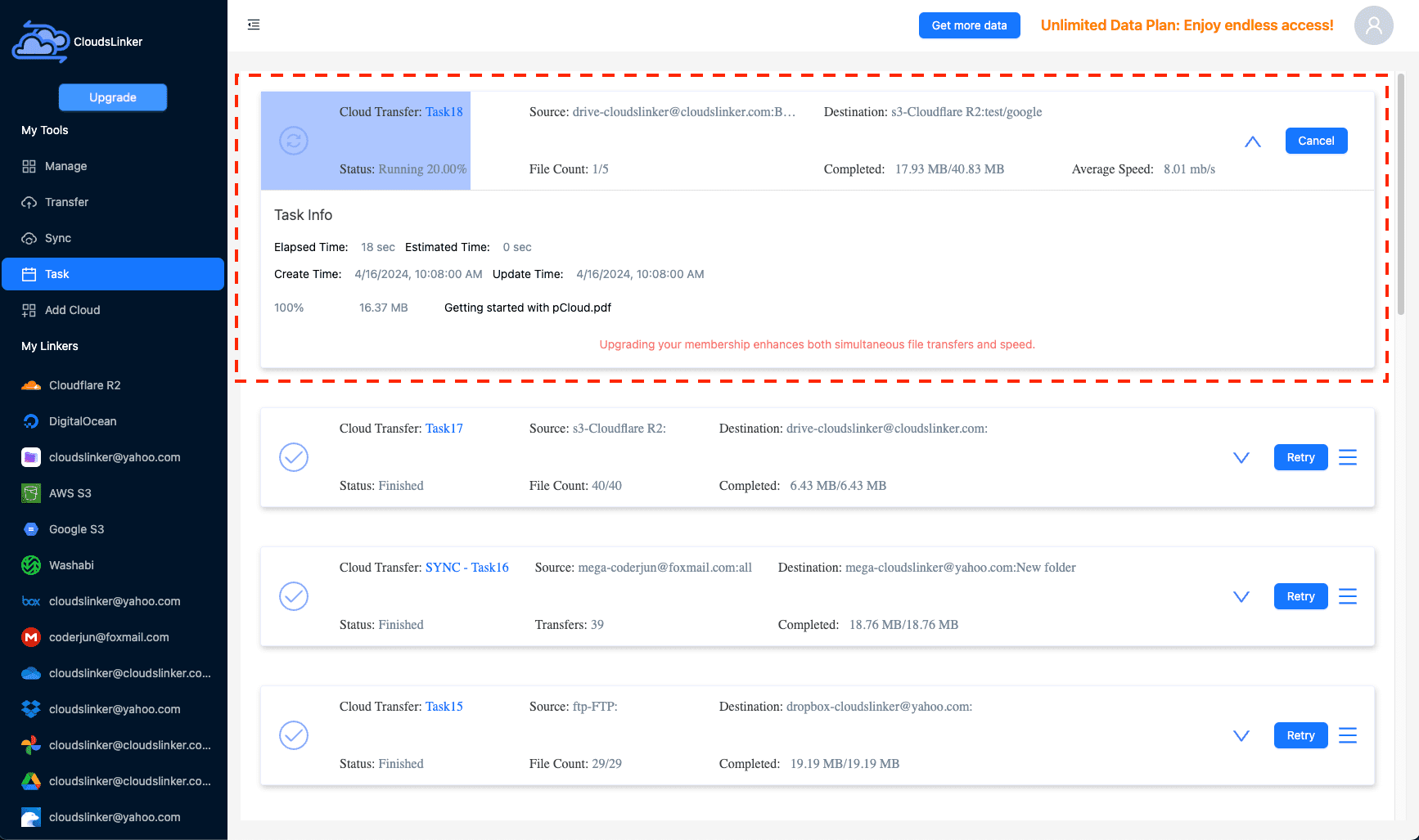 Starting transfer on CloudsLinker