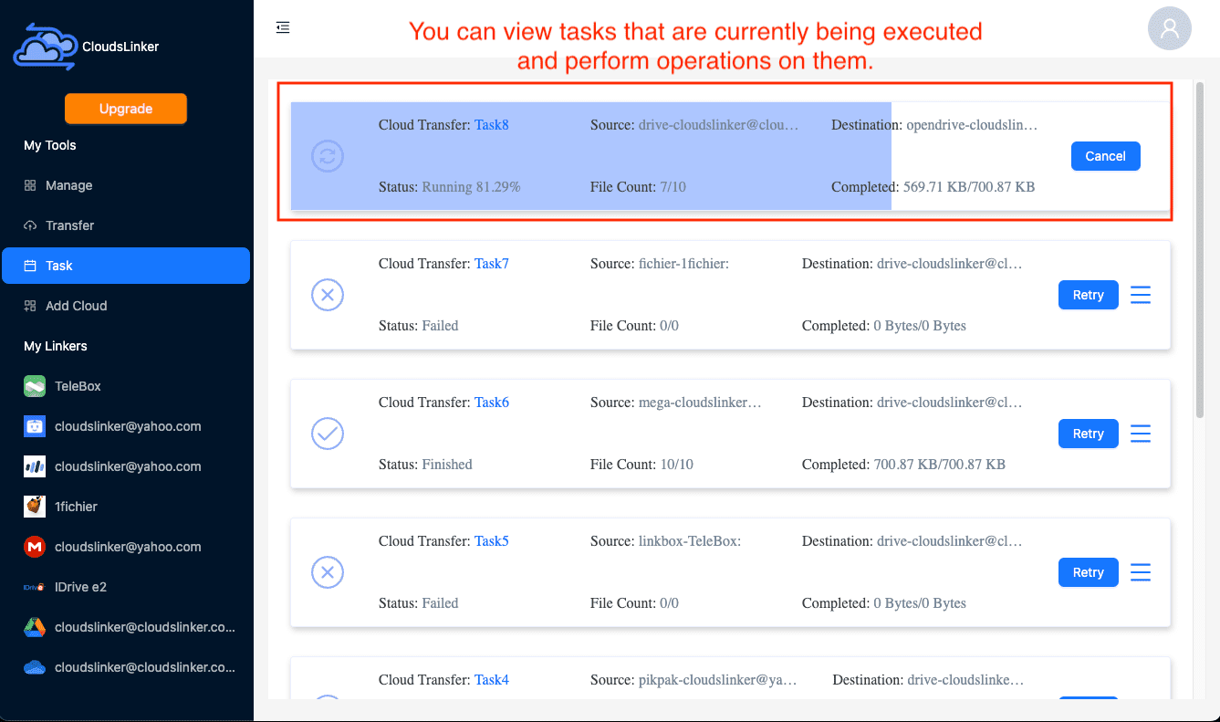 Monitoring transfer activities in Cloudslinker