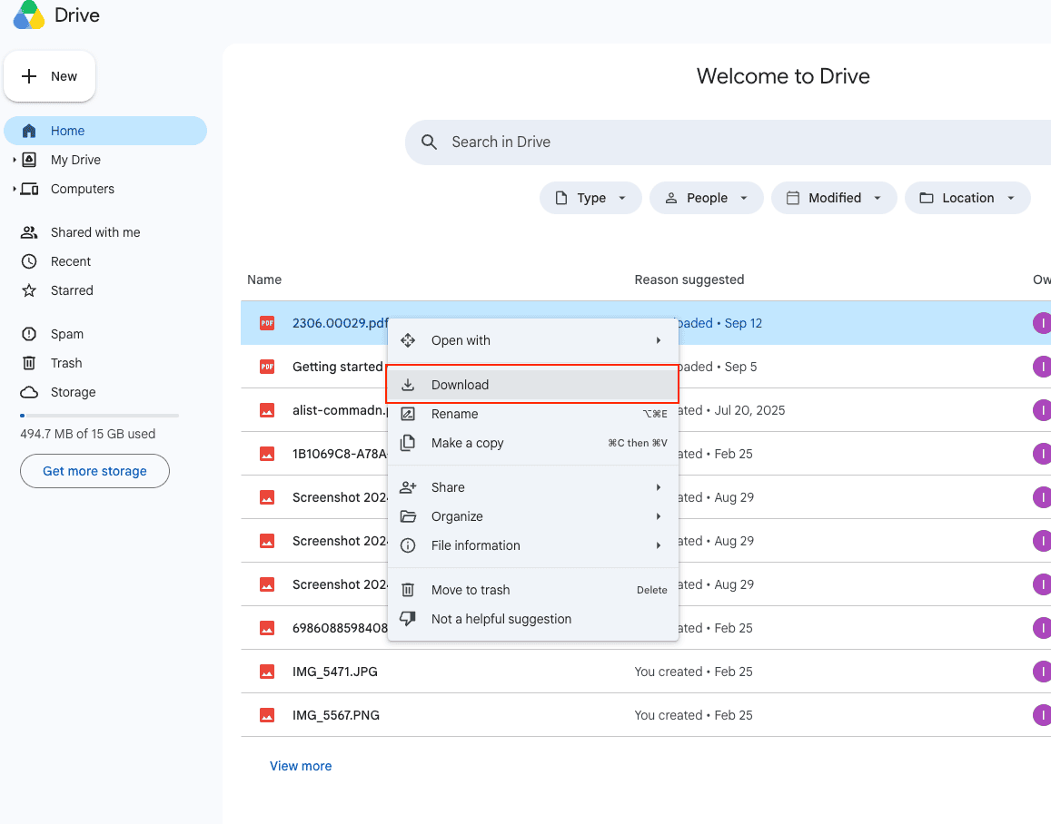 Google Drive right-click menu with the Download option highlighted