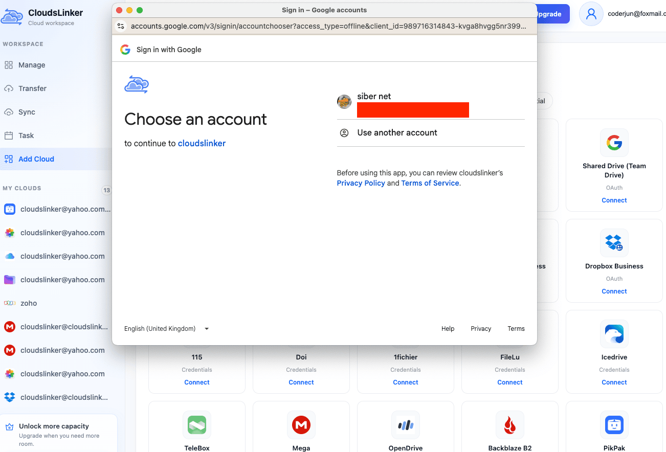 Google sign-in window asking which account to use to continue to CloudsLinker, opened from the Add Cloud page