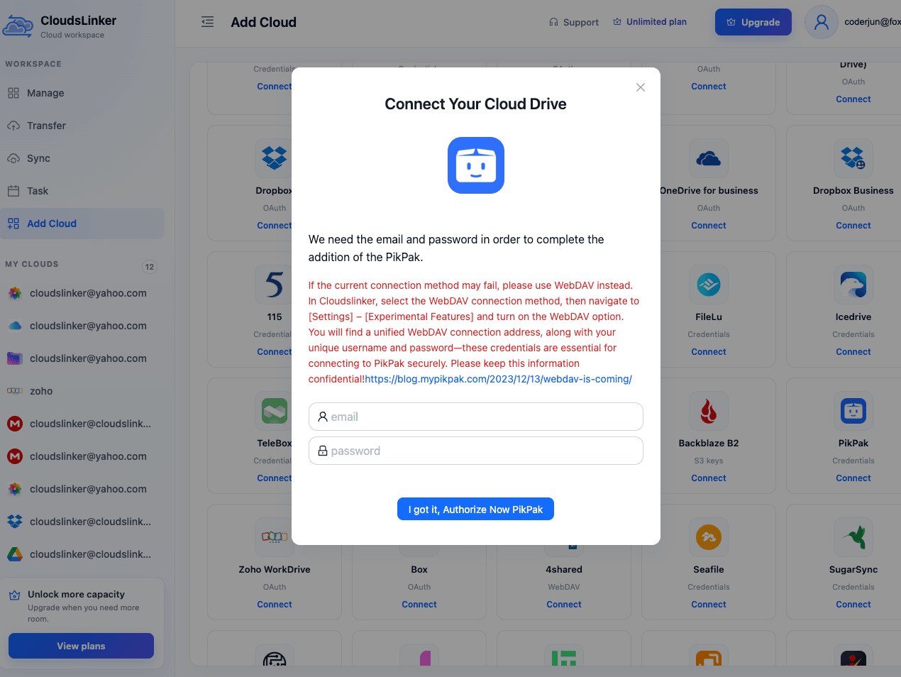 CloudsLinker Connect Your Cloud Drive dialog asking for the PikPak email and password