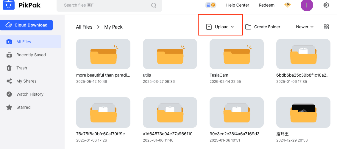 PikPak web client with the Upload button above the file list highlighted