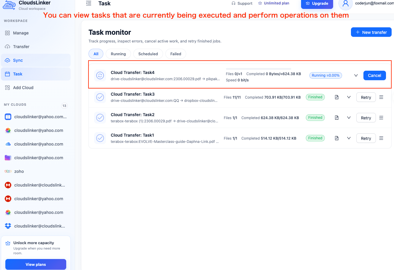 CloudsLinker Task monitor showing a Google Drive to PikPak transfer running