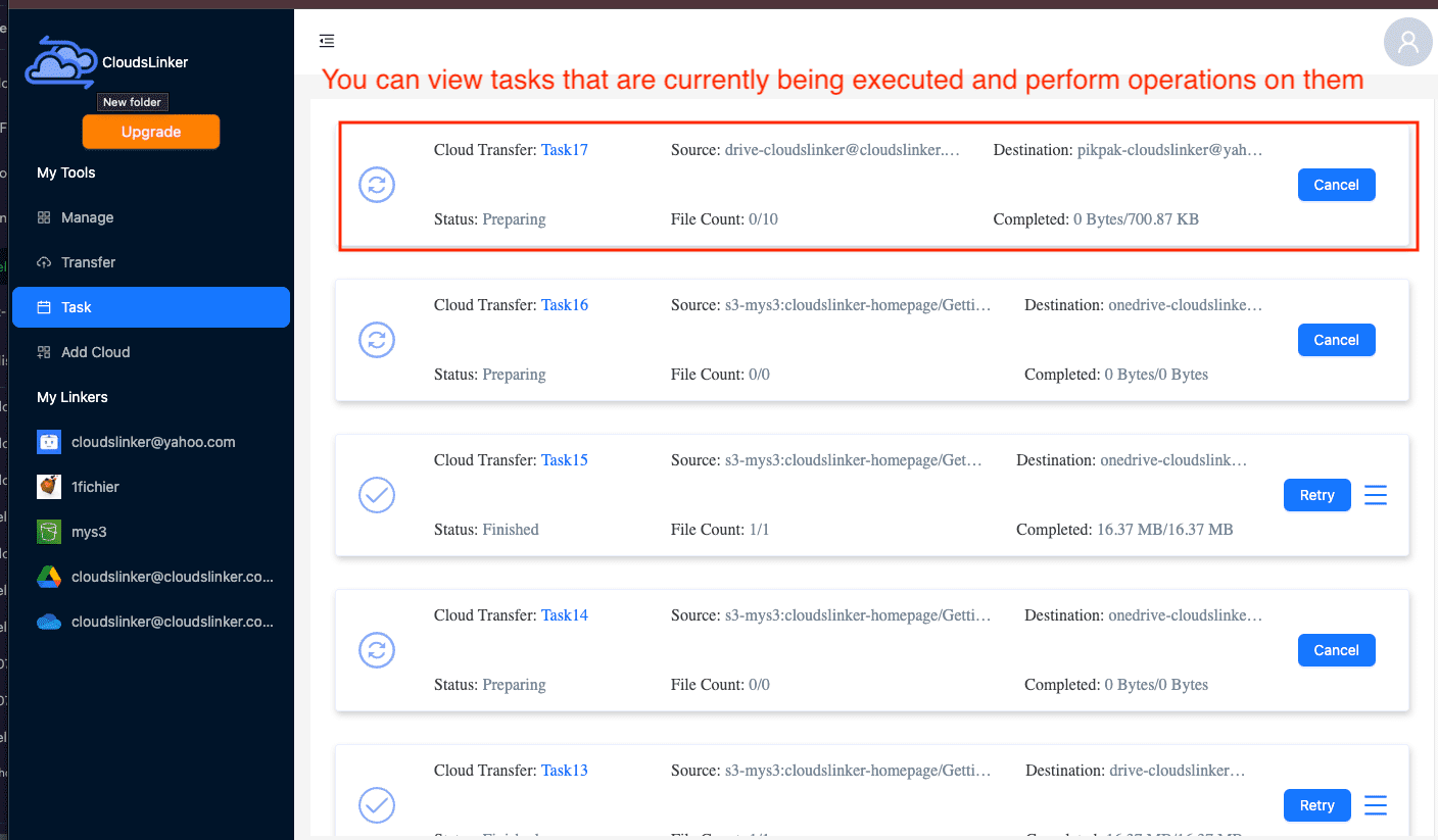 Tracking transfer progress in Cloudslinker