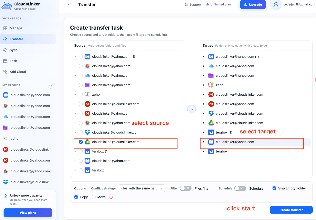 CloudsLinker Transfer page with a Google Drive account selected as the source and a PikPak account as the target