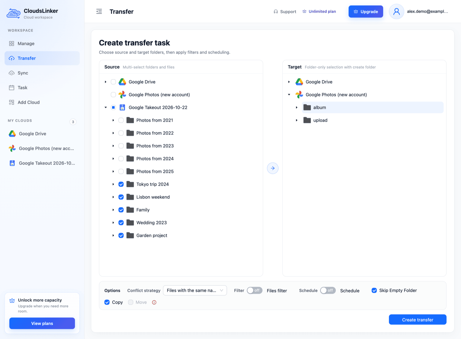 CloudsLinker Create transfer task page with the album folders Tokyo trip 2024, Lisbon weekend, Family, Wedding 2023 and Garden project of a Google Takeout ticked as the source and the album folder of a second Google Photos account selected as the target