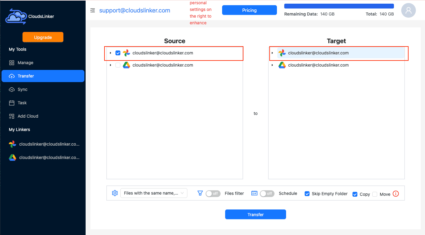 Setting up Google Photos to Google Photos backup in CloudsLinker
