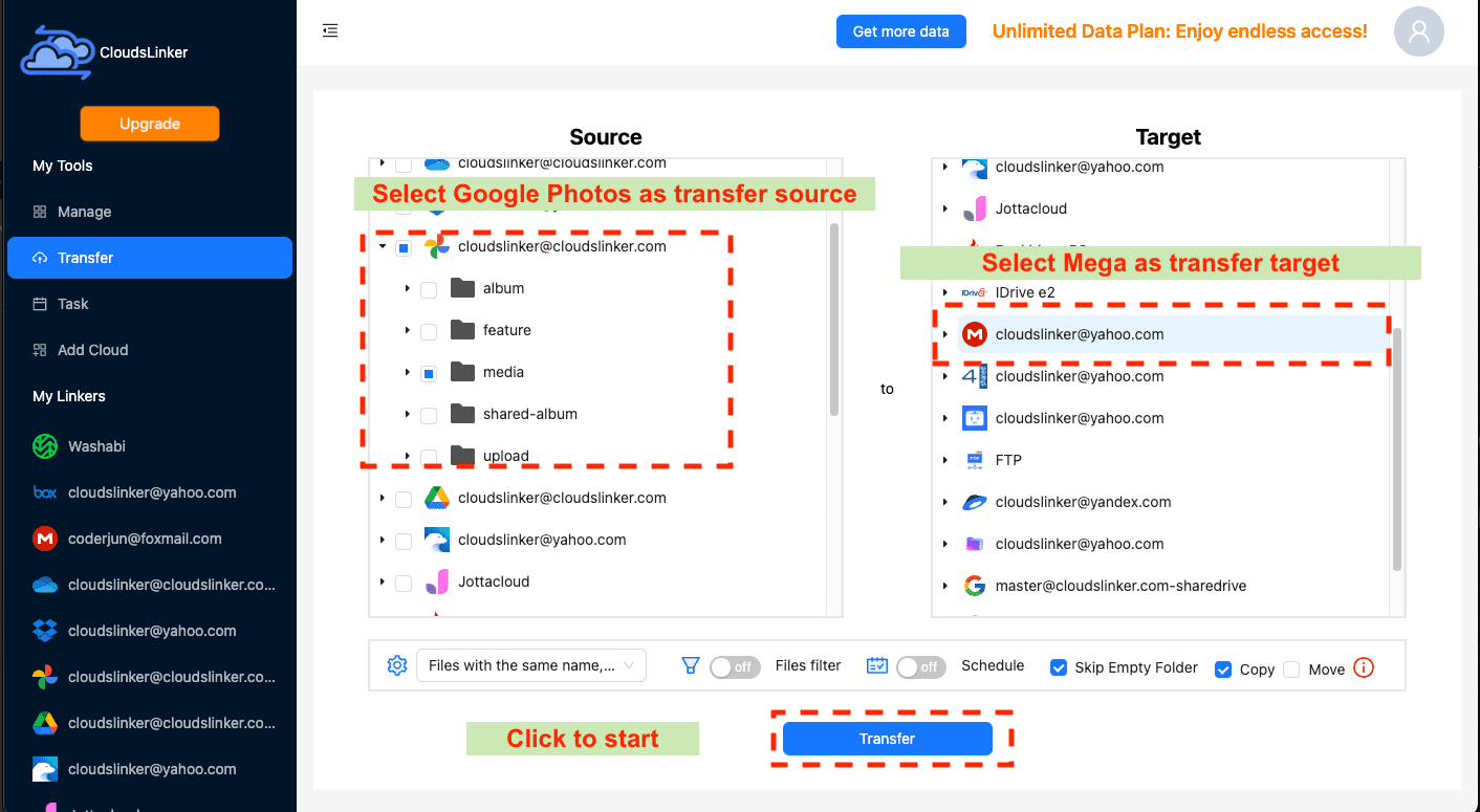 Configuring Google Photos to Mega migration in CloudsLinker