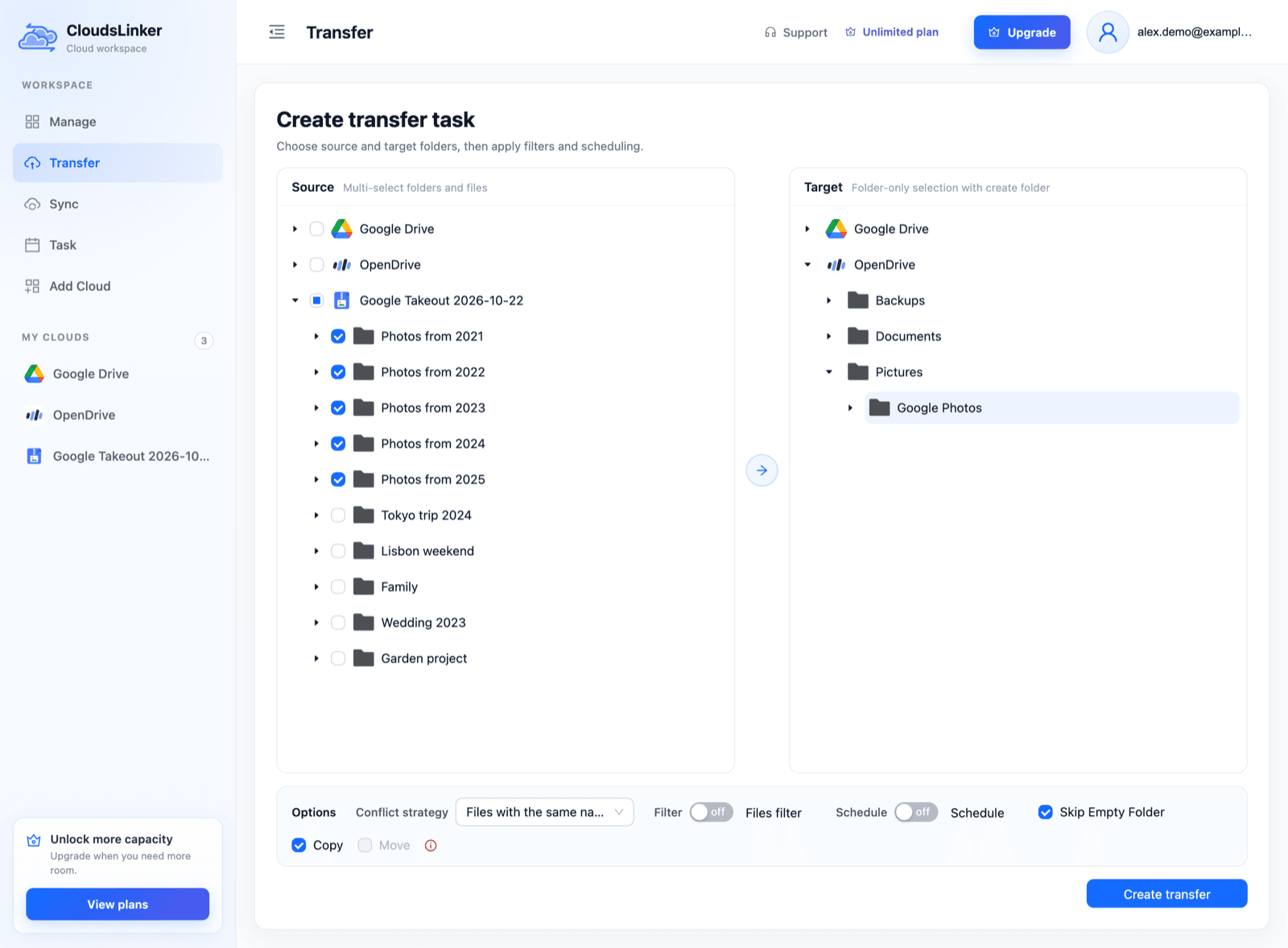 CloudsLinker Create transfer task page with the Photos from 2021 to 2025 folders of a Google Takeout ticked as the source and a new Google Photos folder under Pictures in OpenDrive selected as the target, with Copy checked