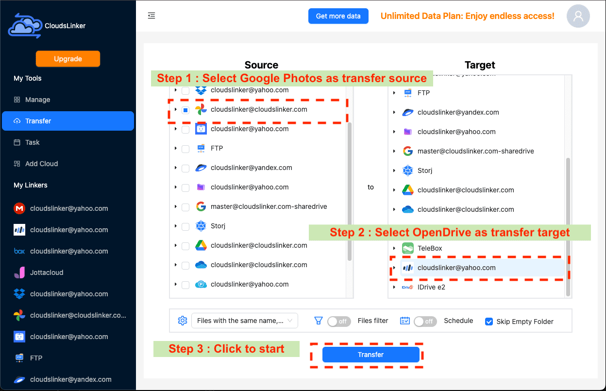 Setting up Google Photos to OpenDrive migration in CloudsLinker