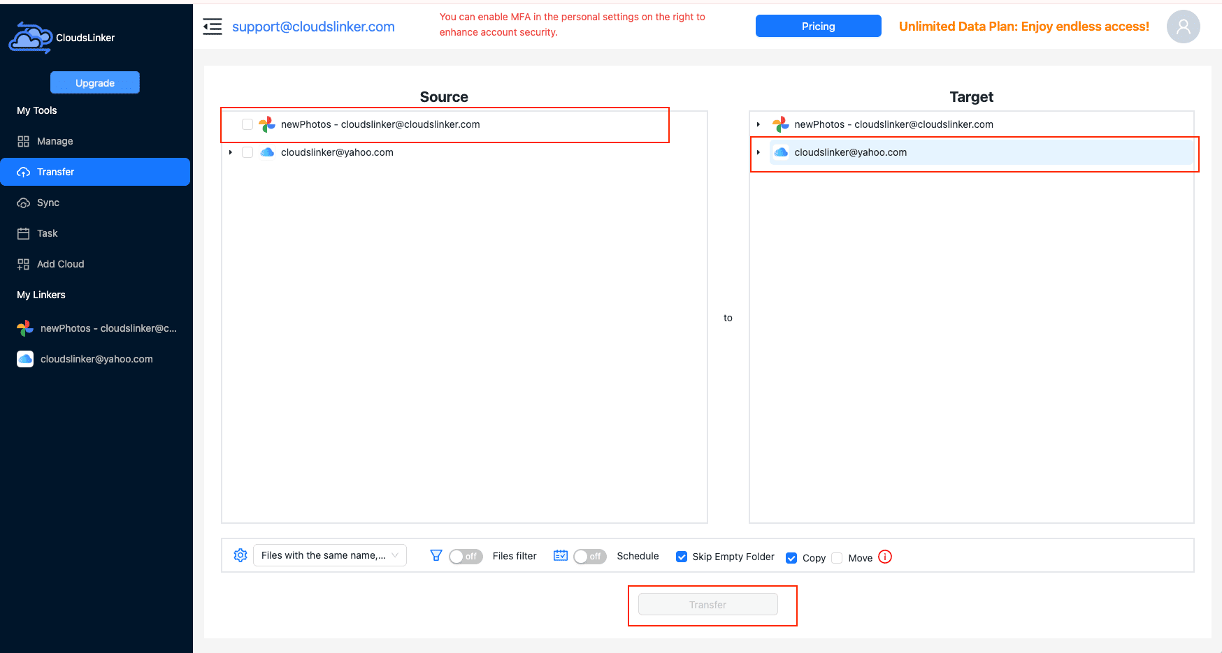 Transfer photos from Google Photos to iCloud Drive using CloudsLinker
