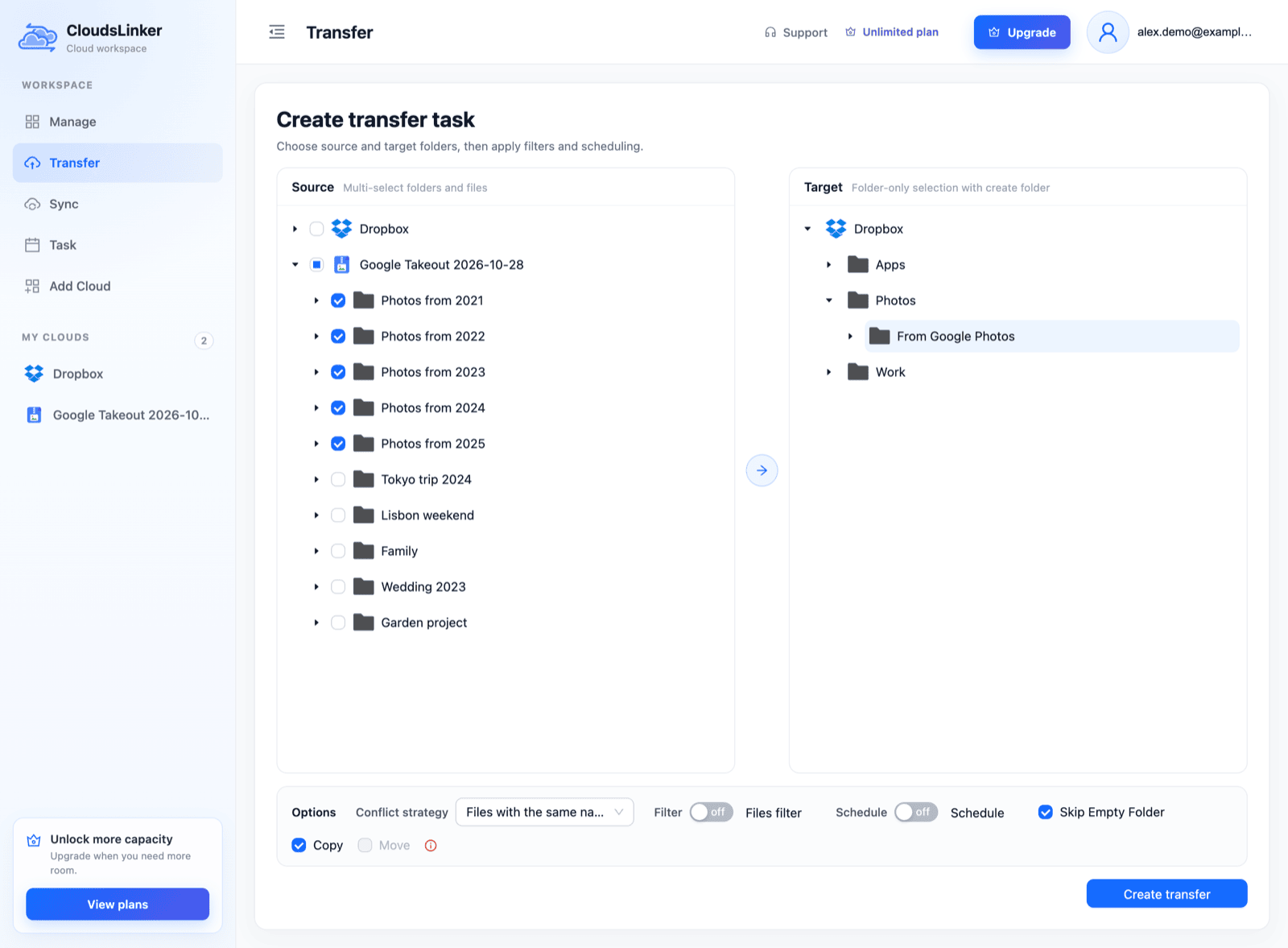 CloudsLinker Create transfer task page: the Google Takeout source expanded with Photos from 2021 to Photos from 2025 ticked and the album folders unticked, the new folder Photos / From Google Photos selected in Dropbox as the target, Copy checked and Move greyed out