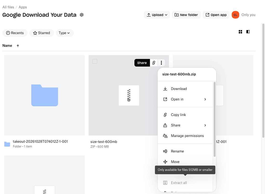 Dropbox file menu for size-test-600mb.zip, 600 MB, with Extract all greyed out and the tooltip Only available for files 512MB or smaller