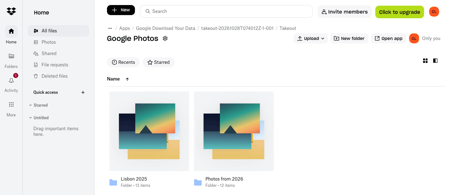 Dropbox after Extract all: the path Apps / Google Download Your Data / takeout-20261028T074012Z-1-001 / Takeout / Google Photos showing two folders, Lisbon 2025 with 13 items and Photos from 2026 with 12 items
