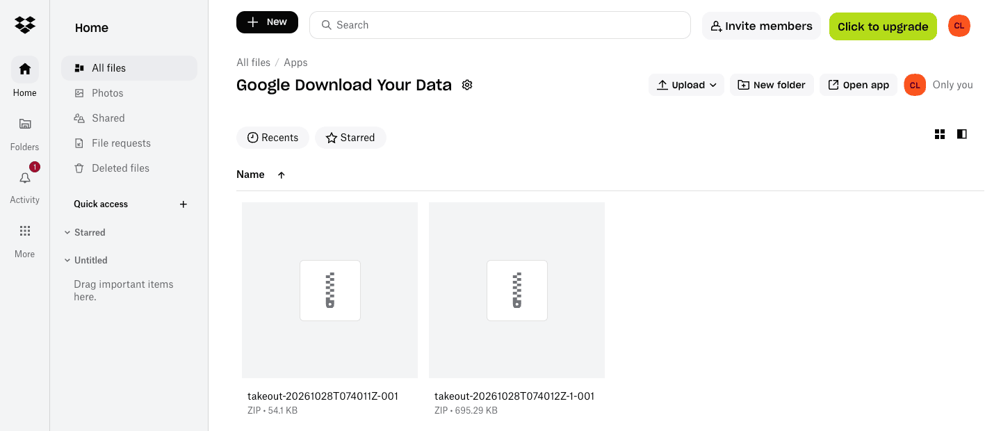 Dropbox folder All files / Apps / Google Download Your Data containing two zip files, takeout-20261028T074011Z-001 at 54.1 KB and takeout-20261028T074012Z-1-001 at 695.29 KB