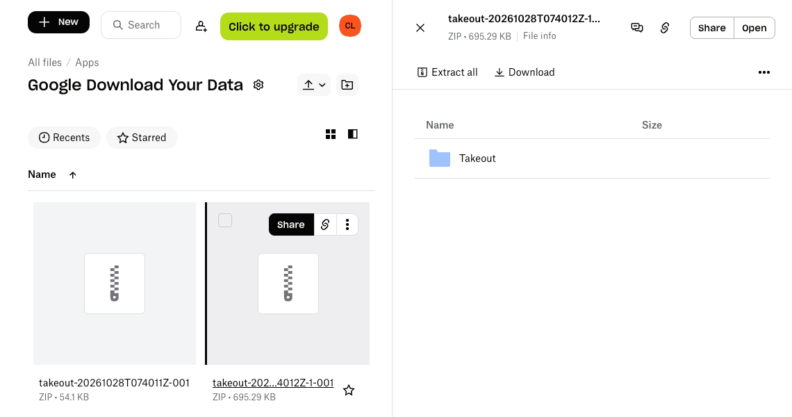 Dropbox preview panel for the zip takeout-20261028T074012Z-1-001, 695.29 KB, with Extract all and Download buttons above a list showing a single Takeout folder