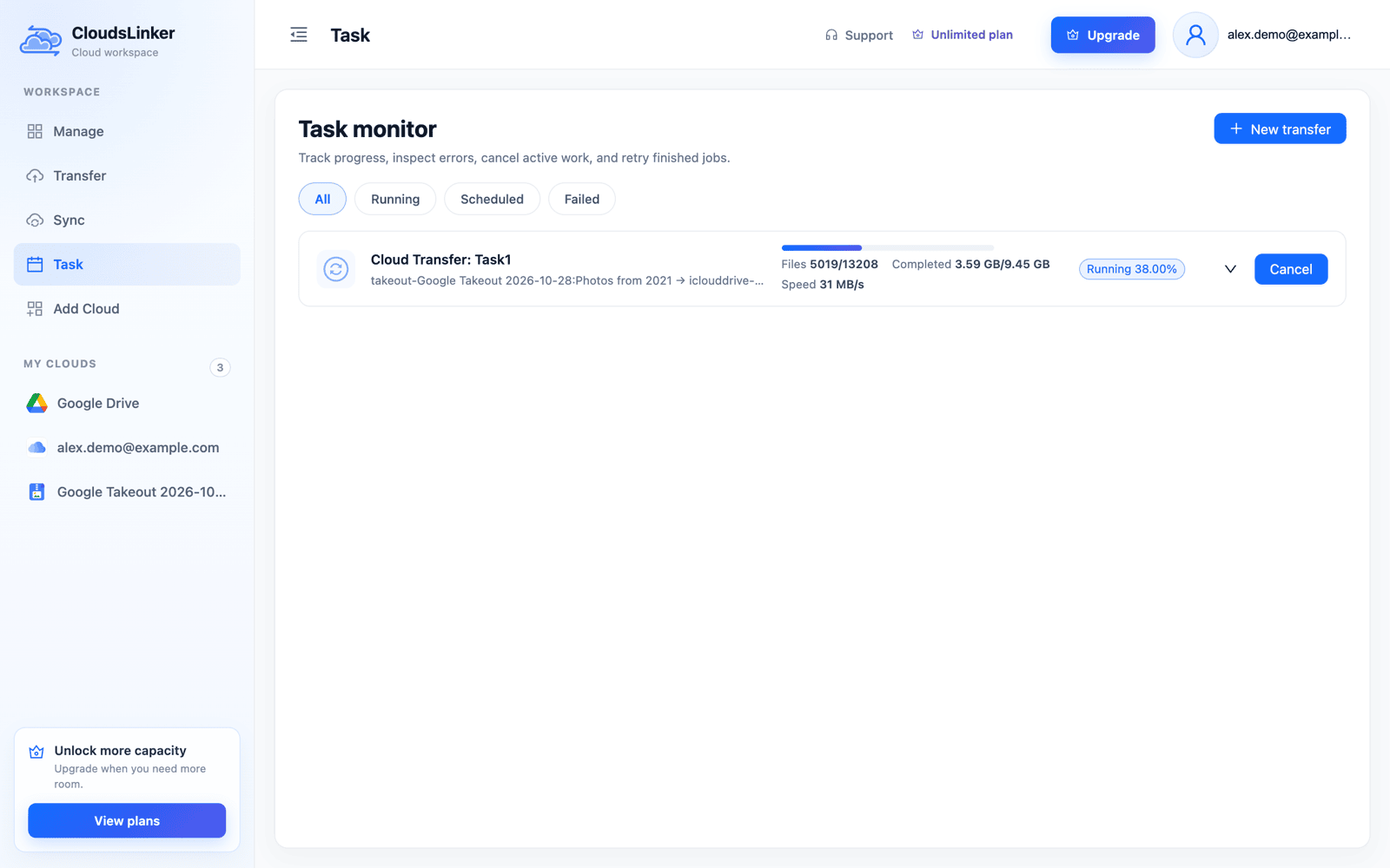 CloudsLinker Task monitor with a running copy from Google Takeout year folders to iCloud Drive at 38 percent, with files and gigabytes done and the speed