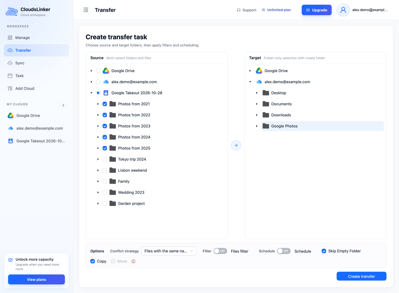 CloudsLinker Create transfer task page: the Google Takeout source with Photos from 2021 to Photos from 2025 ticked, the new folder Google Photos selected in iCloud Drive as the target, Copy checked and Move greyed out