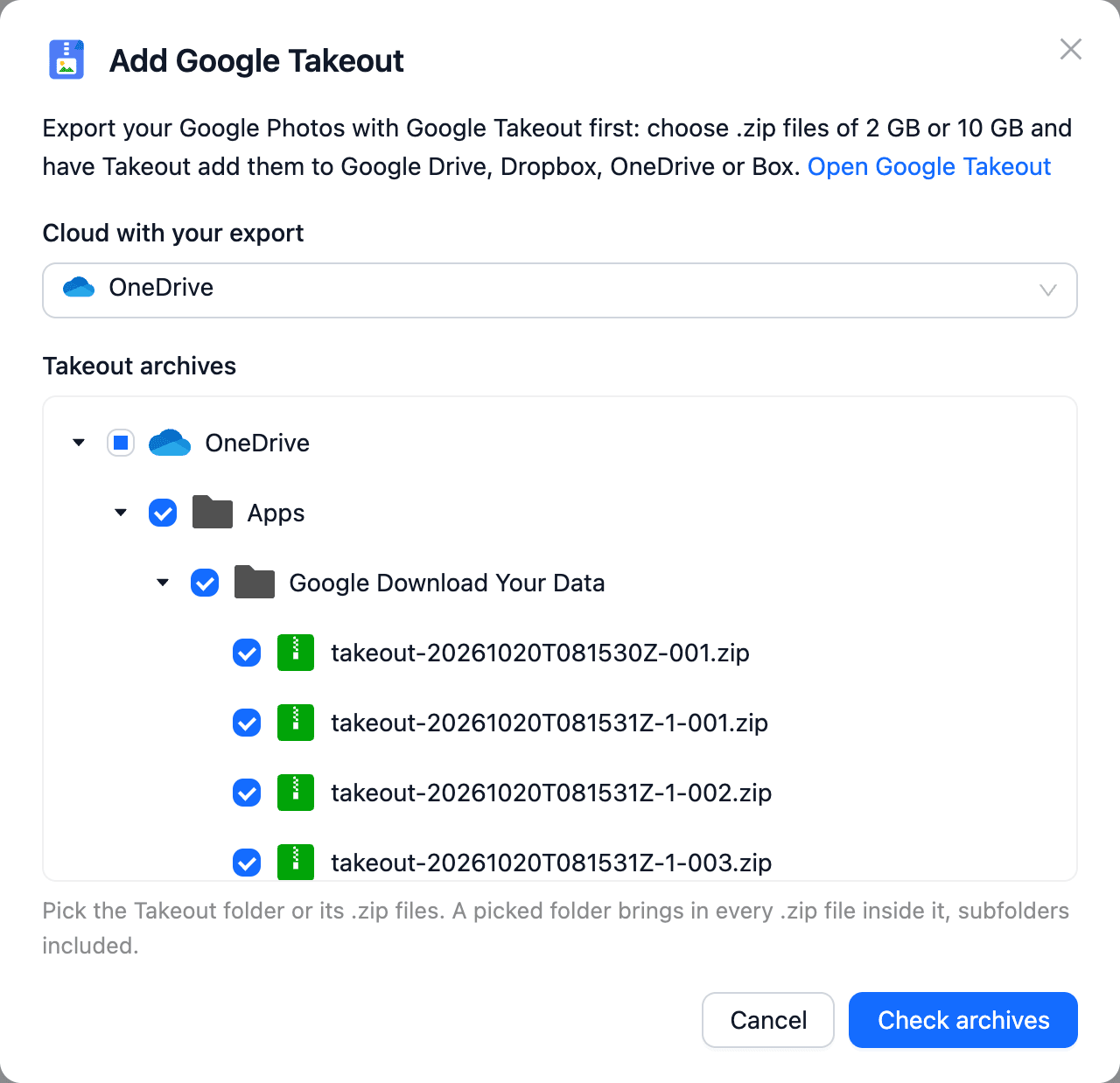 CloudsLinker Add Google Takeout dialog with Cloud with your export set to OneDrive and the folder Apps / Google Download Your Data ticked with its takeout zip parts, above the Check archives button