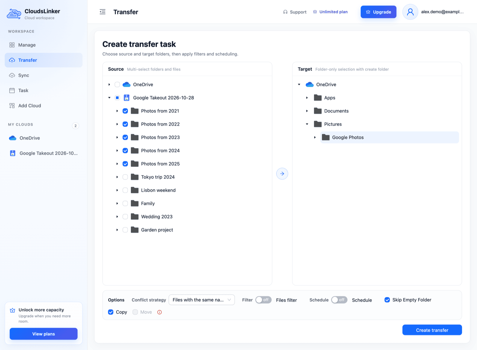 CloudsLinker Create transfer task page: the Google Takeout source with Photos from 2021 to Photos from 2025 ticked and the album folders unticked, the new folder Pictures / Google Photos selected in OneDrive as the target, Copy checked and Move greyed out