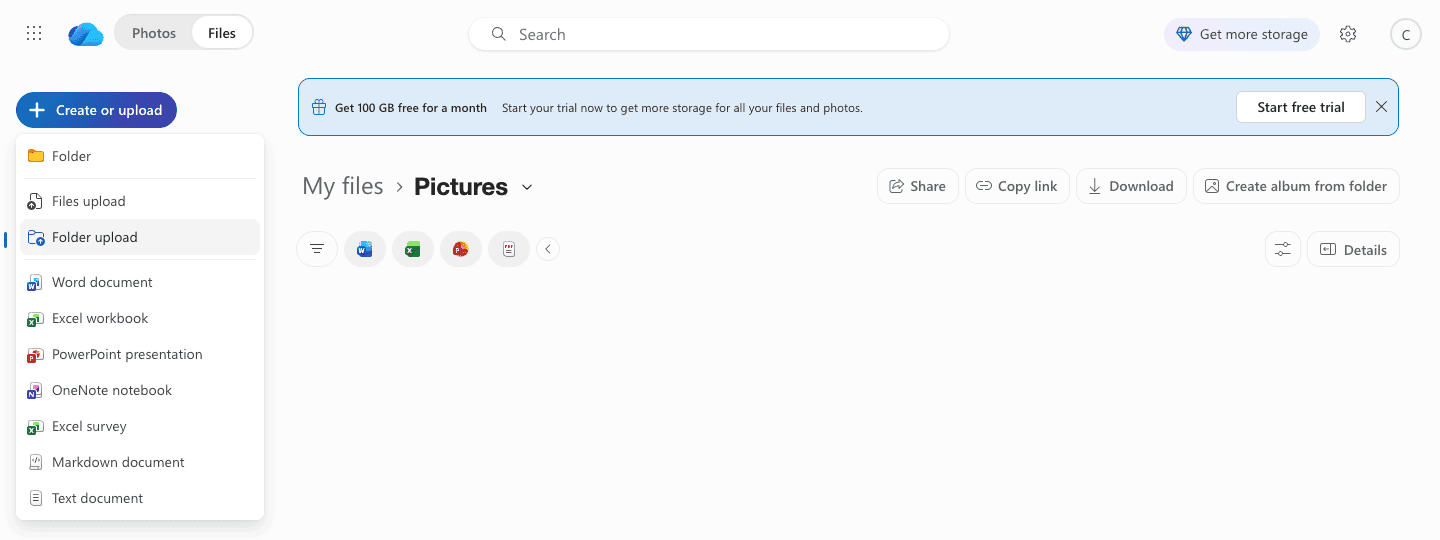 OneDrive on the web in My files / Pictures with the Create or upload menu open and Folder upload highlighted, next to the Create album from folder button in the toolbar
