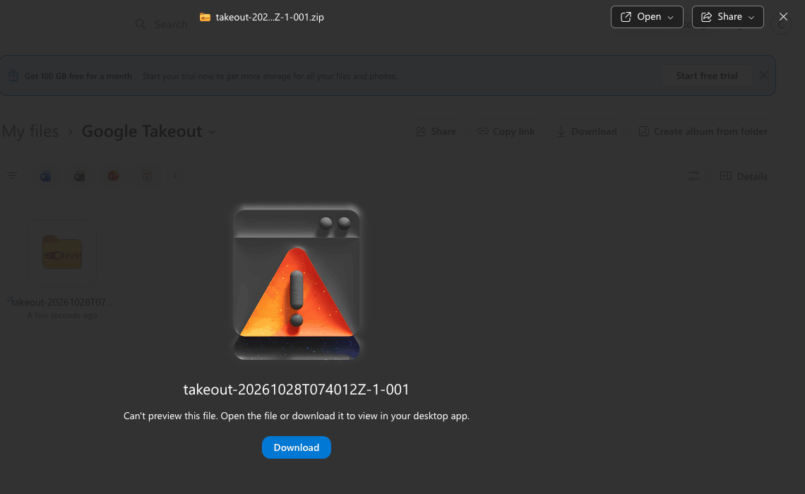 OneDrive on the web opening takeout-20261028T074012Z-1-001.zip: Can't preview this file. Open the file or download it to view in your desktop app, with a Download button