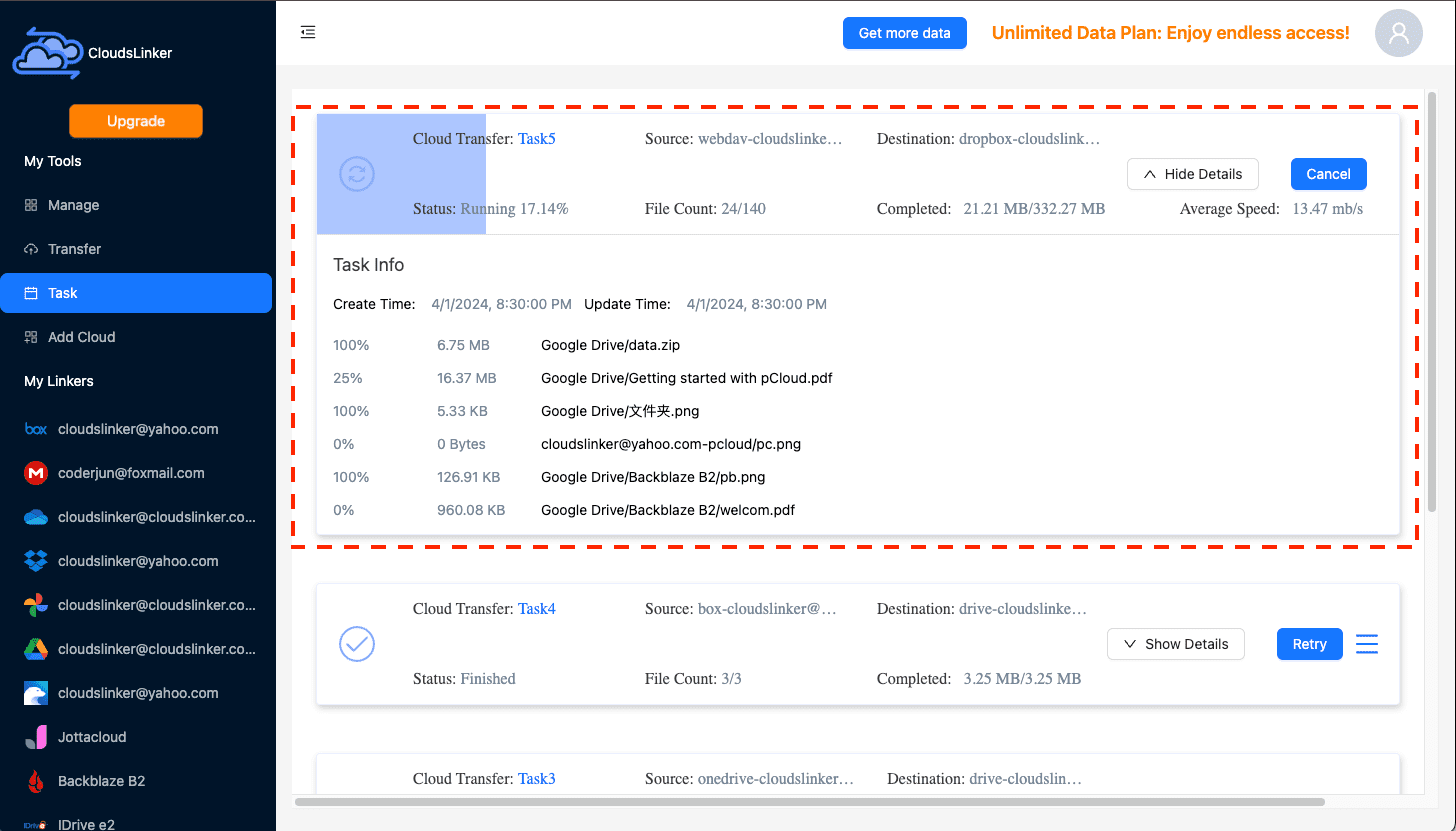 Initiating transfer on CloudsLinker