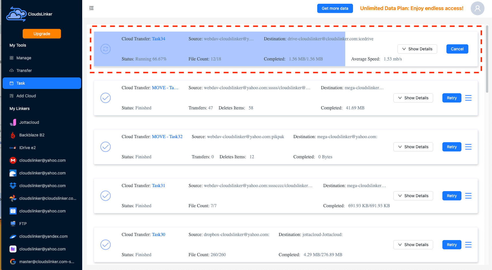 Beginning file transfer in CloudsLinker