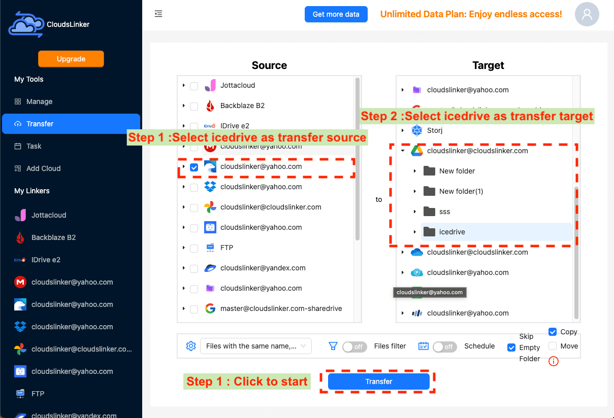 Setting up transfer in CloudsLinker