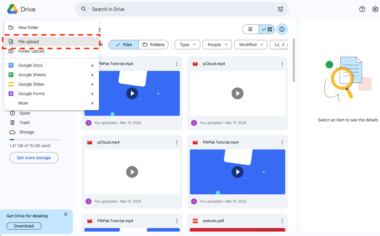 uploading files to Google Drive