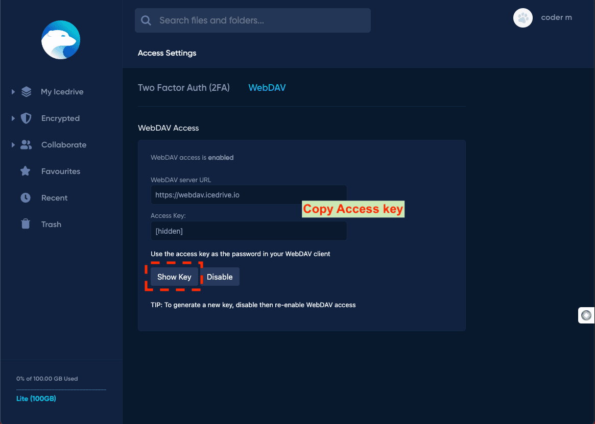 IceDrive WebDAV access retrieval