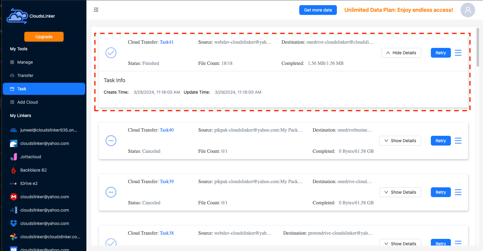 Starting the file migration in CloudsLinker