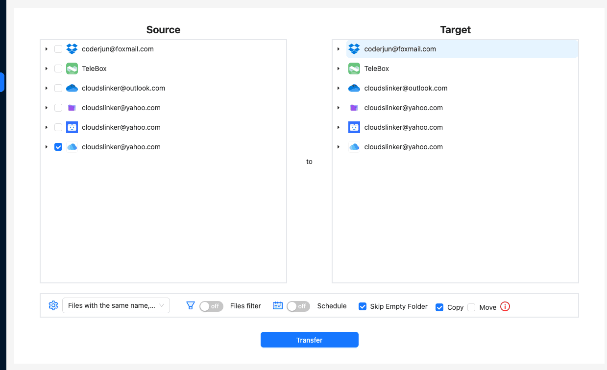 Cloudslinker iCloud to Dropbox UI