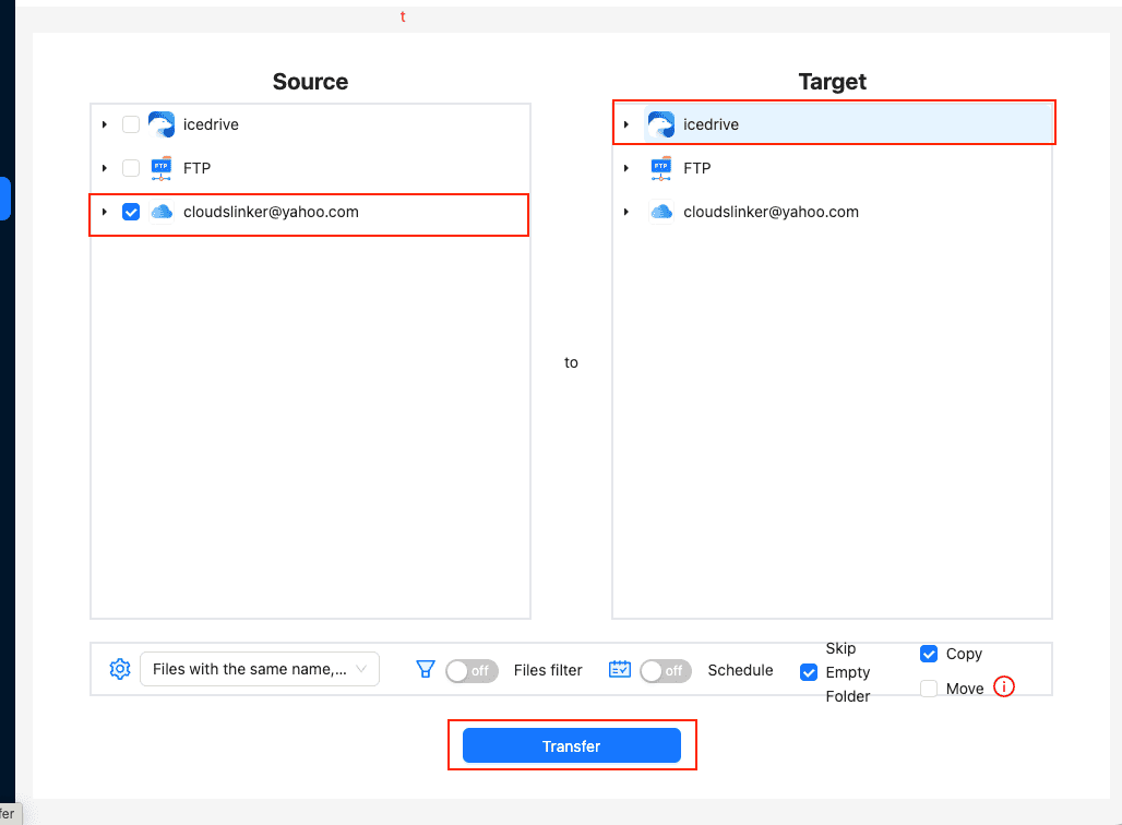 Cloudslinker iCloud to IceDrive transfer UI
