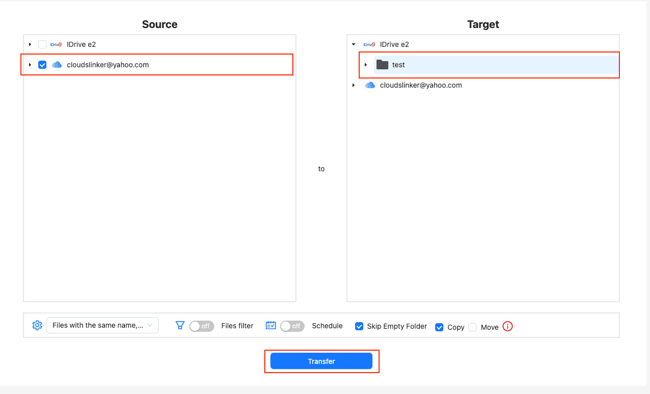 Transfer from iCloud to iDrive E2 with CloudsLinker
