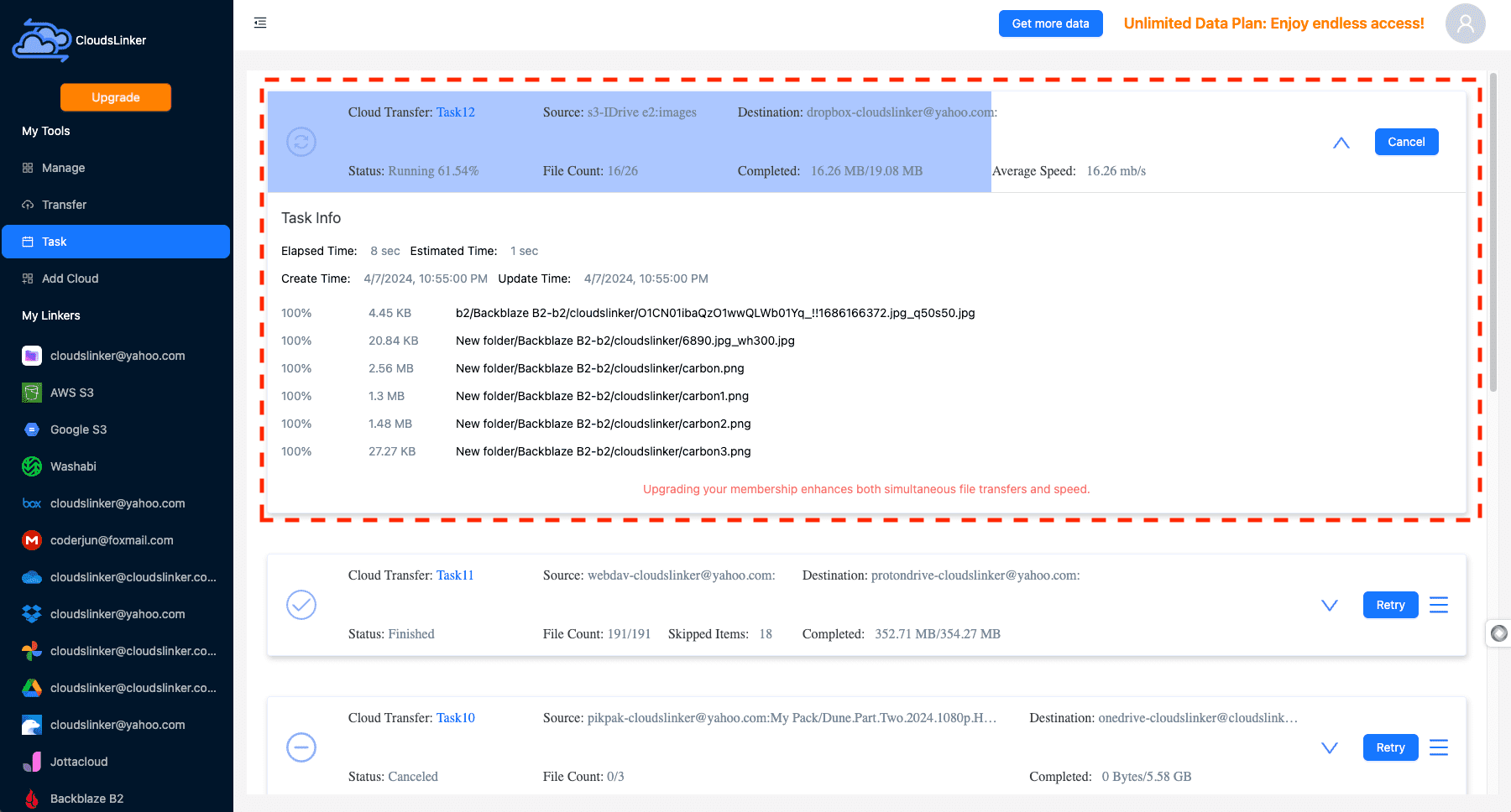 Launching file transfer in CloudsLinker