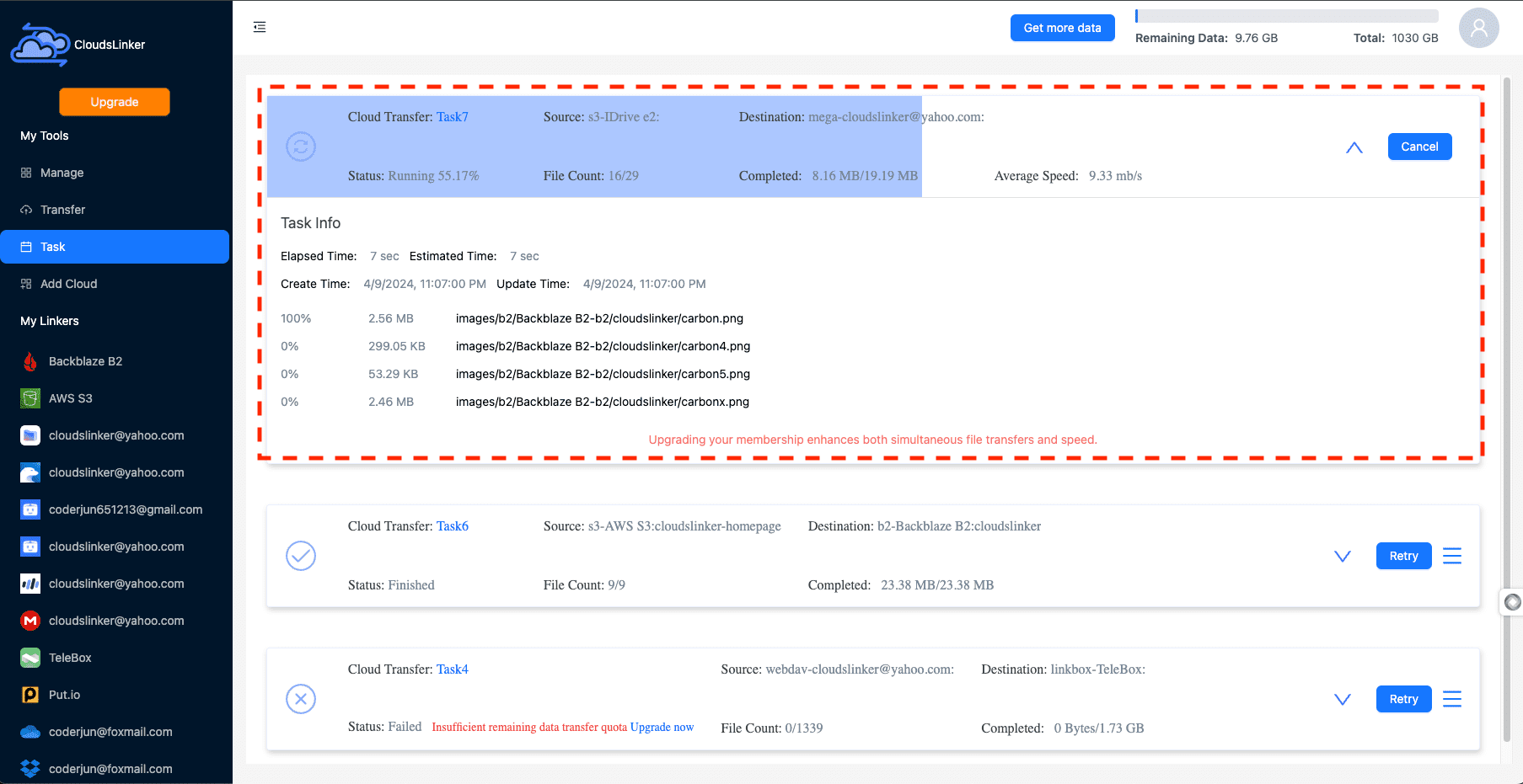 Initiating file migration in CloudsLinker
