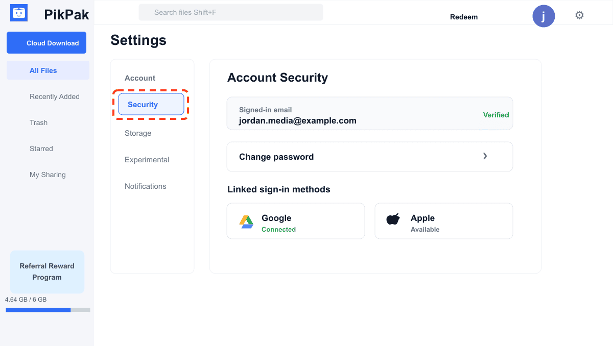 PikPak web app account settings page showing the signed-in email, a change-password option, and linked sign-in methods for Google and Apple accounts, with the security section of the settings menu highlighted