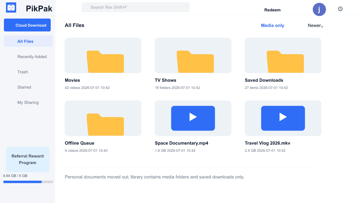 PikPak web app All Files view showing a library of video folders and saved downloads organized by folder, illustrating a media-only library with no personal documents present