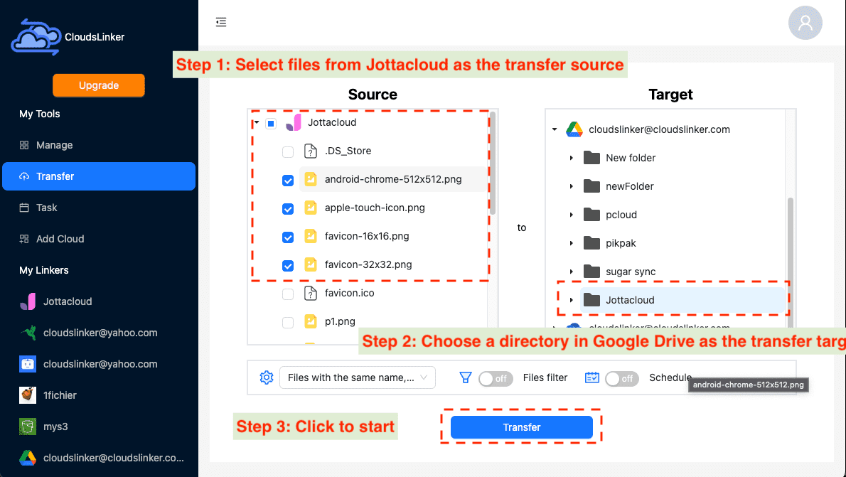 Setting up Jottacloud to Google Drive transfer in Cloudslinker