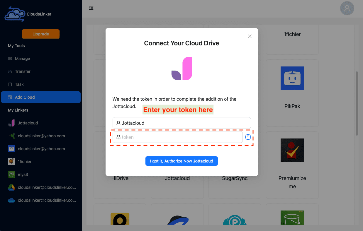Linking Jottacloud to Cloudslinker