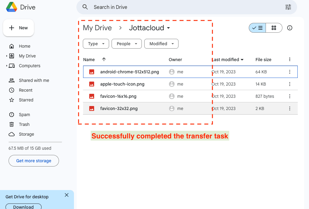 Confirming successful transfer from Jottacloud to Google Drive