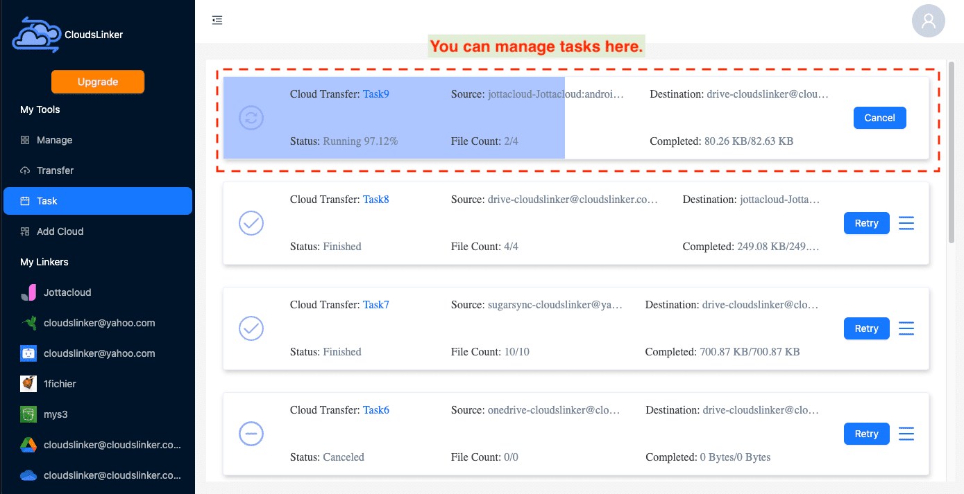 Monitoring Jottacloud to Google Drive transfer status in Cloudslinker