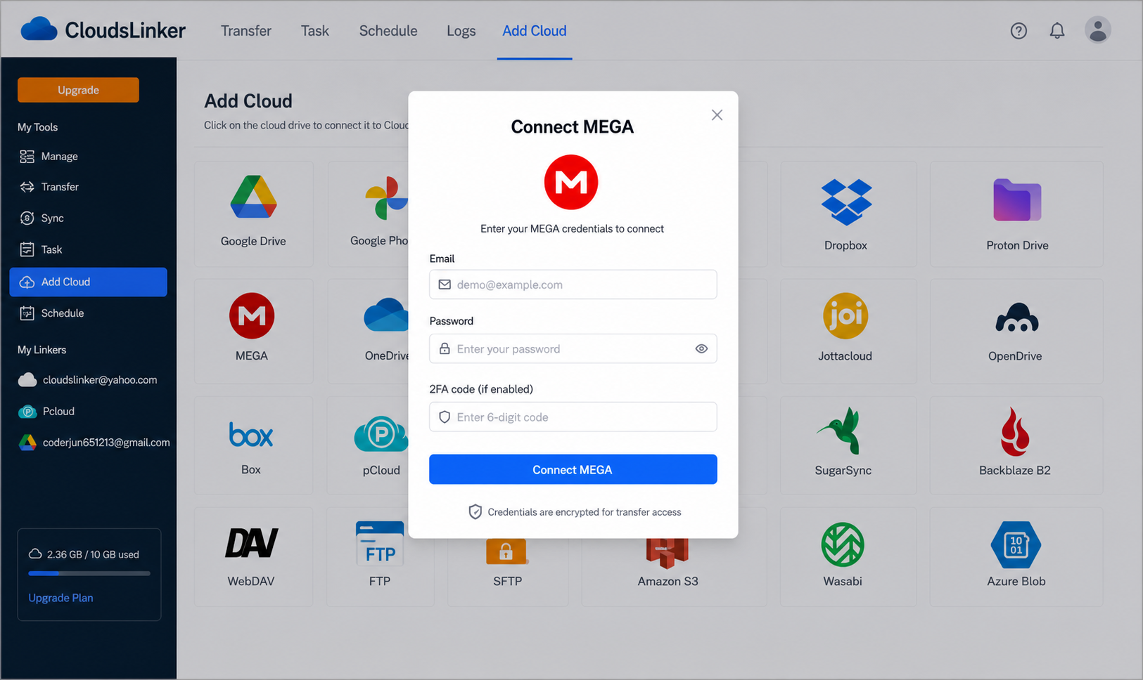 Connect MEGA in CloudsLinker