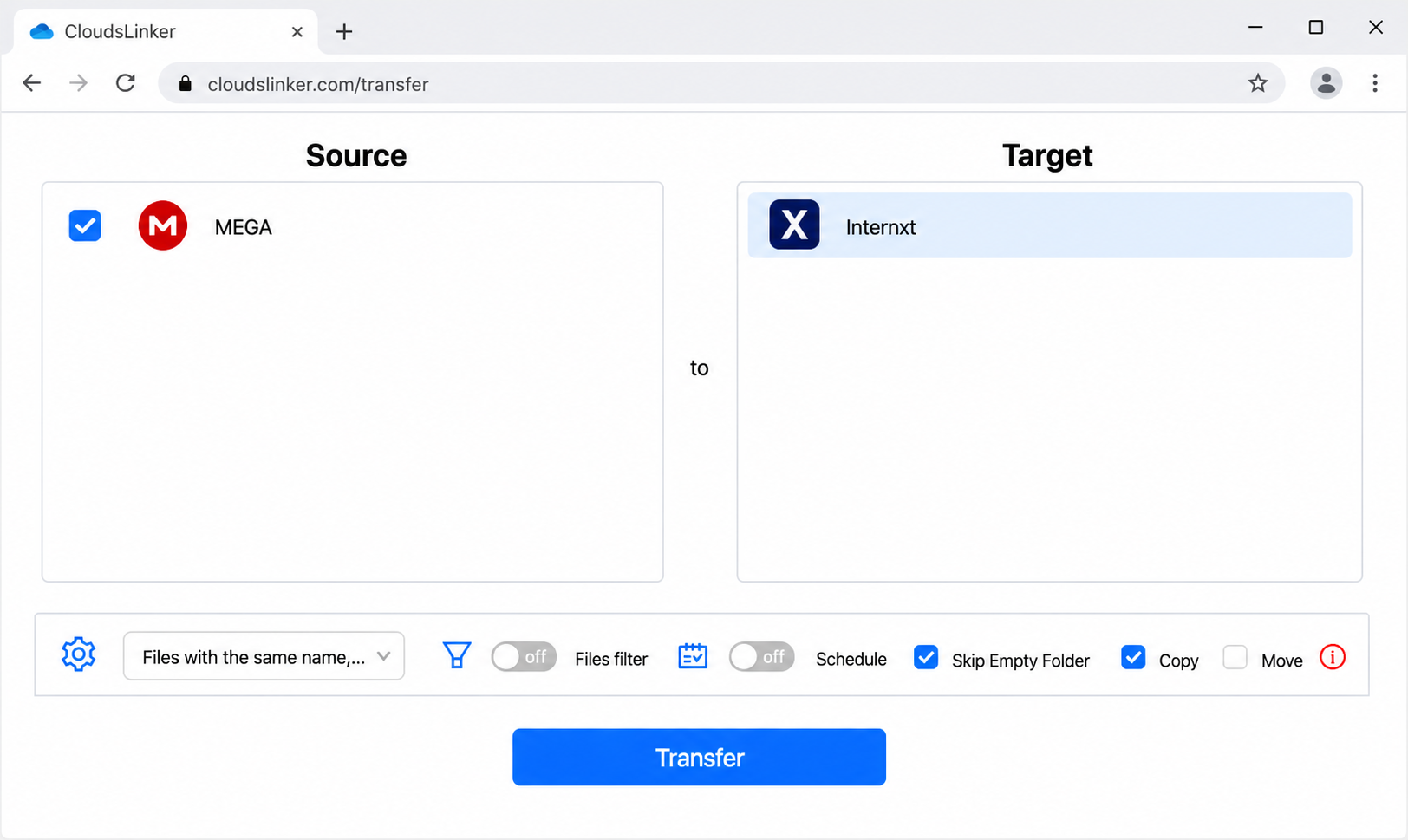 Configure the transfer in CloudsLinker