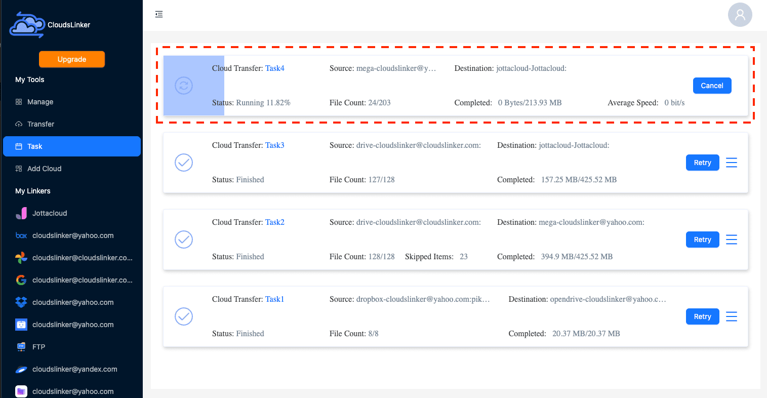 Initiating transfer on CloudsLinker