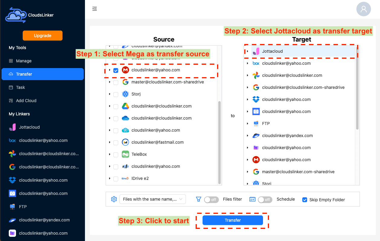 Configuring Mega to Jottacloud transfer in CloudsLinker