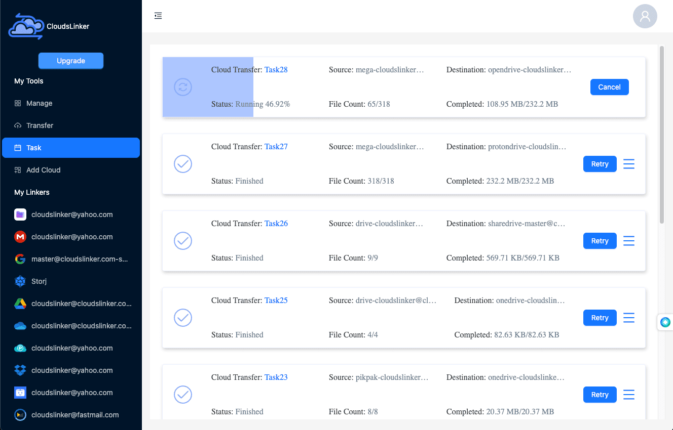 Monitoring transfer progress on Cloudslinker
