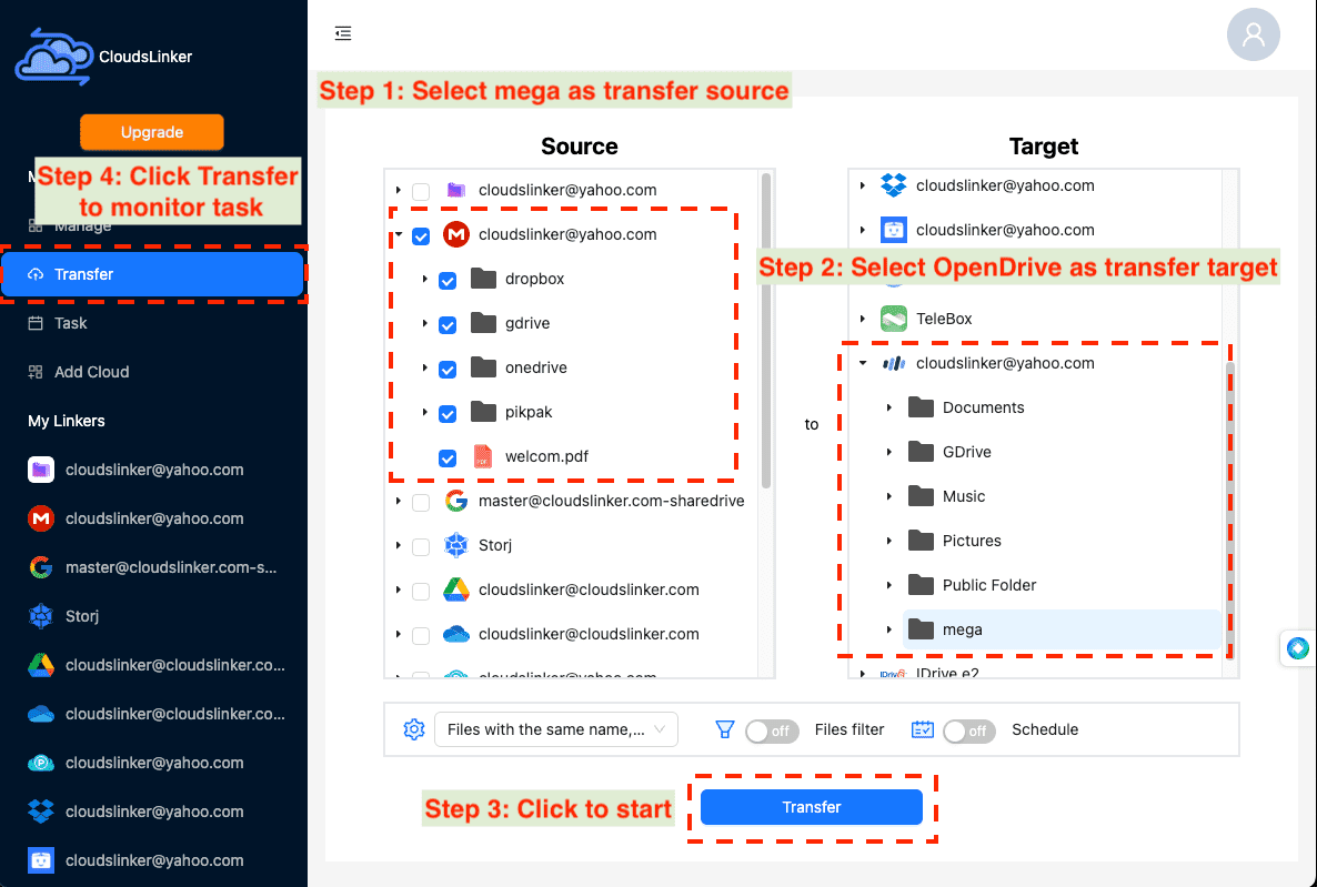 Configuring file transfer from Mega to OpenDrive