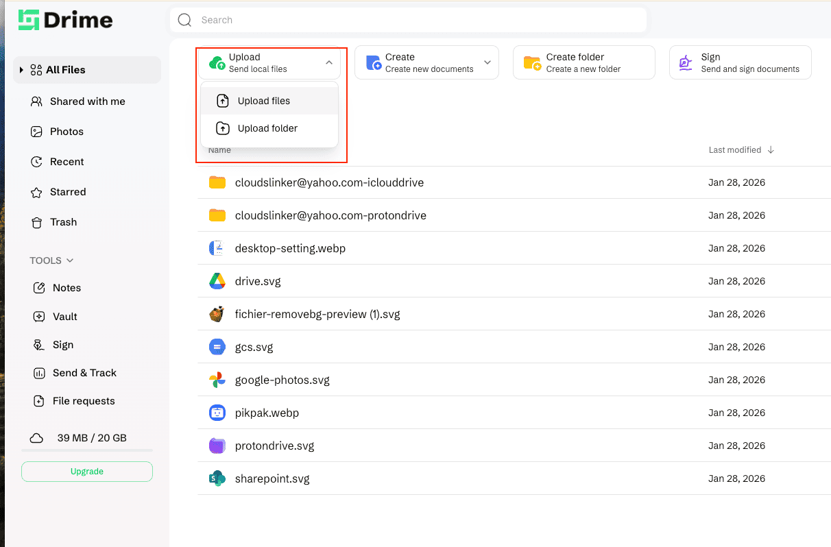 Uploading files to Drime using a web browser
